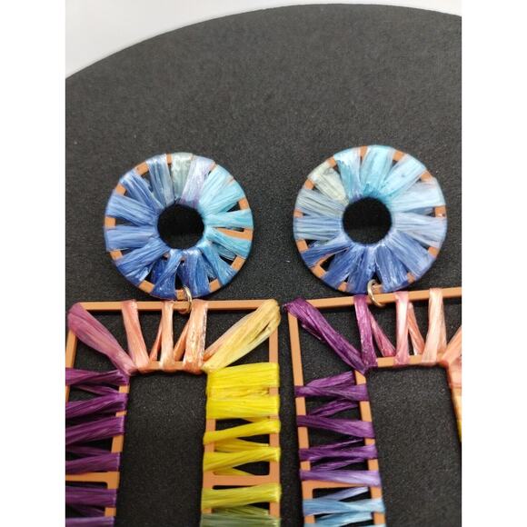 Multicolor Geometric Earrings - Rectangle - Circle - Ribbon Wrapped - Fun Studs - Picture 3 of 4